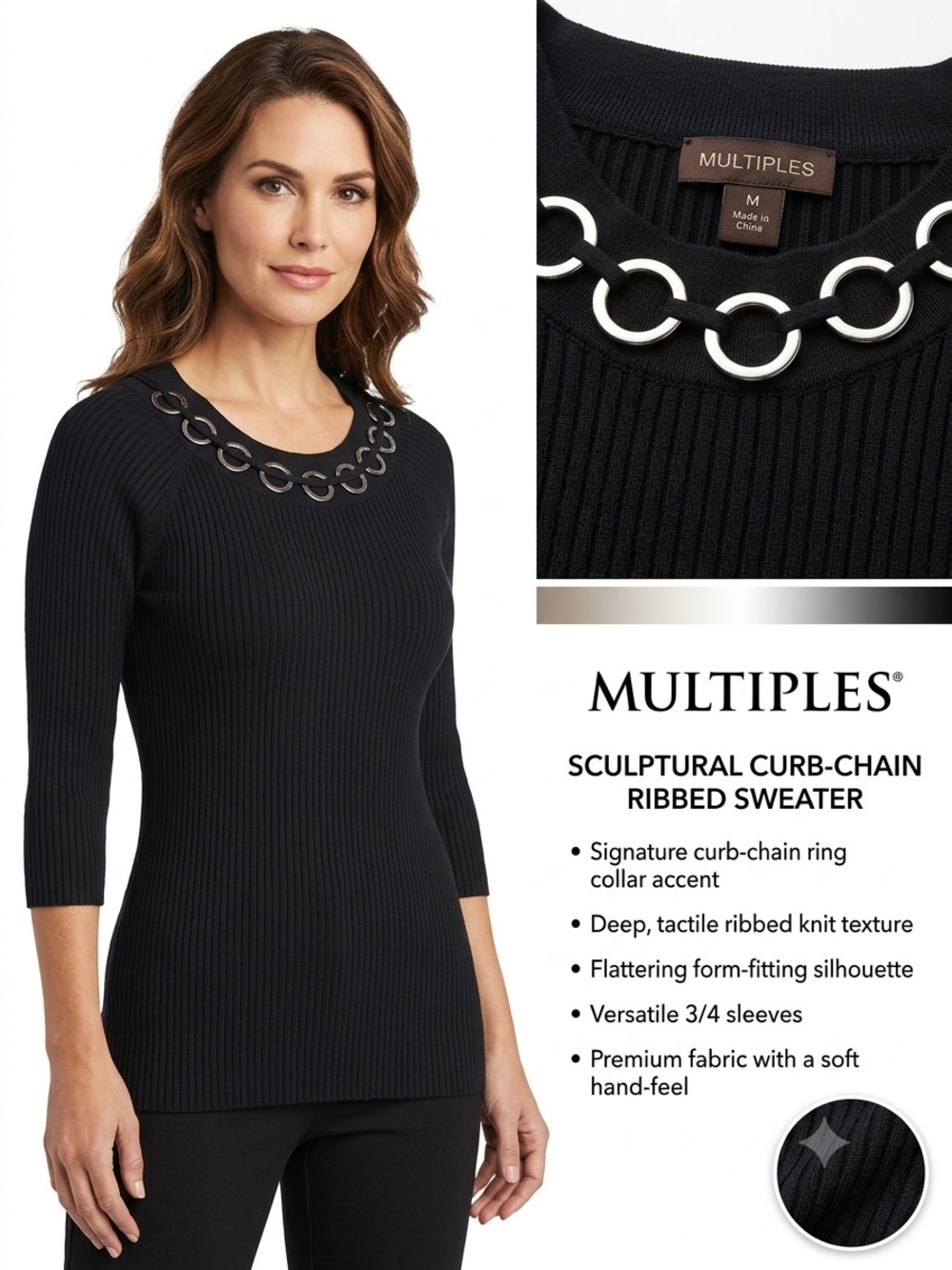 Multiples Black Ribbed Long Sleeve Top with Metal Ring Neckline